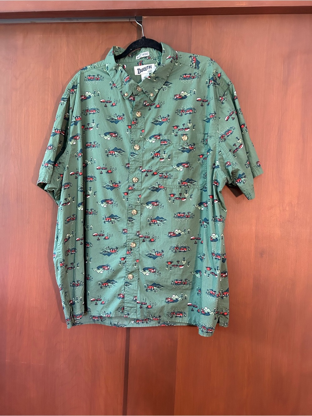 Duluth Trading Co green camper pattern button down shirt